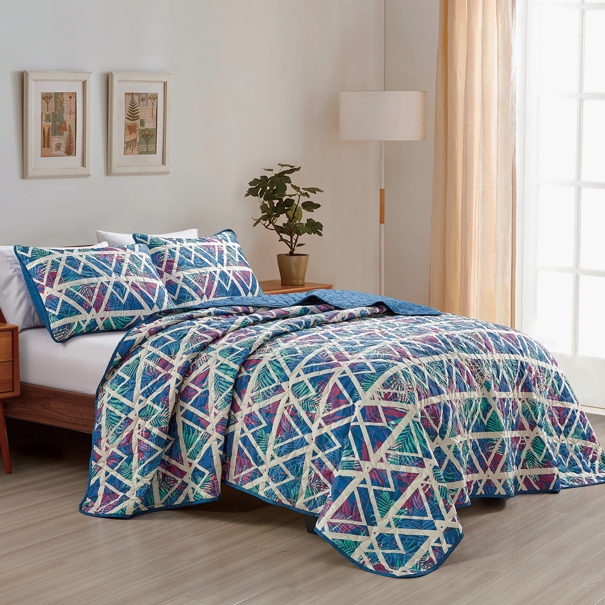 Blue & Purple Geometric Reversible 3 Piece Bedspread Set,Queen