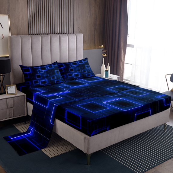 Blue Purple Geometric Sheet Set Geometry Gradient Cubes Sheets Twin Size,Neon Ombre Light Bed Sheets Set Abstract Modern Soft Flat Fitted Sheet For Kids Boys Girls Teens Room Decor