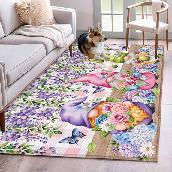 Blue Purple Gnomes Area Rugs 2.7'x5', Washable Small Throw Rugs for Kitchen Bedroom, Spring Hydrangea Flower Leaf Pink Plaid Indoor Outdoor Rug Non-Slip Low Pile Carpet Runner Reversible Floor Mats