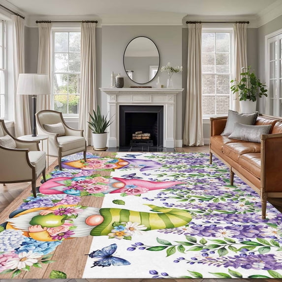 Blue Purple Gnomes Area Rugs 5'x7', Washable Small Throw Rugs for Laundry Room Playroom, Spring Country Hydrangea Flower Leaf Indoor Outdoor Rug Non-Slip Low Pile Carpet Runner Reversible Floor Mats