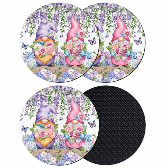 Blue Purple Gnomes Coasters Set of 4, Absorbent Coasters for Drinks, Spring Country Hydrangea Flower Leaf Coaster for Desk Coffee Table Protection, Home Decor House Warming Gifts 4"