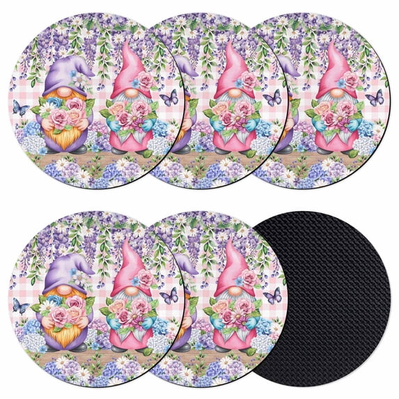 Blue Purple Gnomes Coasters Set of 6, Absorbent Coasters for Drinks, Spring Hydrangea Flower Leaf Pink Plaid Coaster for Desk Coffee Table Protection, Home Decor House Warming Gifts 4"