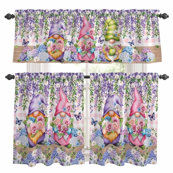Blue Purple Gnomes Kitchen Curtains Sets for Windows 36 Inch Length, Spring Hydrangea Flower Leaf Pink Plaid Rod Pocket Window Treatments Tier Curtains and Valances Set for Bedroom/Bathroom