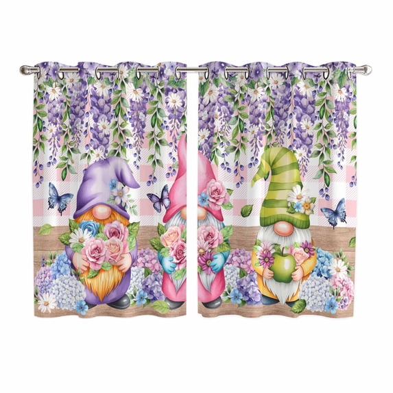 Blue Purple Gnomes Kitchen Curtains Window Panels, Spring Hydrangea Flower Leaf Pink Plaid Insulated Window Treatment Curtain, Grommet Curtains for Bedroom/Living Room/Bathroom, 2 Piece 52"Wx72"L