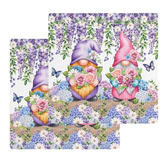 Blue Purple Gnomes Kitchen Dish Towels for Drying Dishes Set of 2, Spring Country Hydrangea Flower Leaf Waffle Weave Microfiber Hand Tea Bathroom Towels Quick Dry & Absorbent Towel 12x12