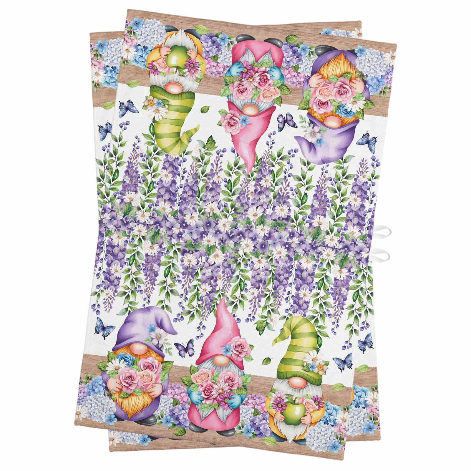 Blue Purple Gnomes Kitchen Towels Set of 2, Water Absorbent Dish Towel, Spring Country Hydrangea Flower Leaf Decorative Hand Towels - Quick Drying Cloth for Cooking Baking, 18x28 Inch