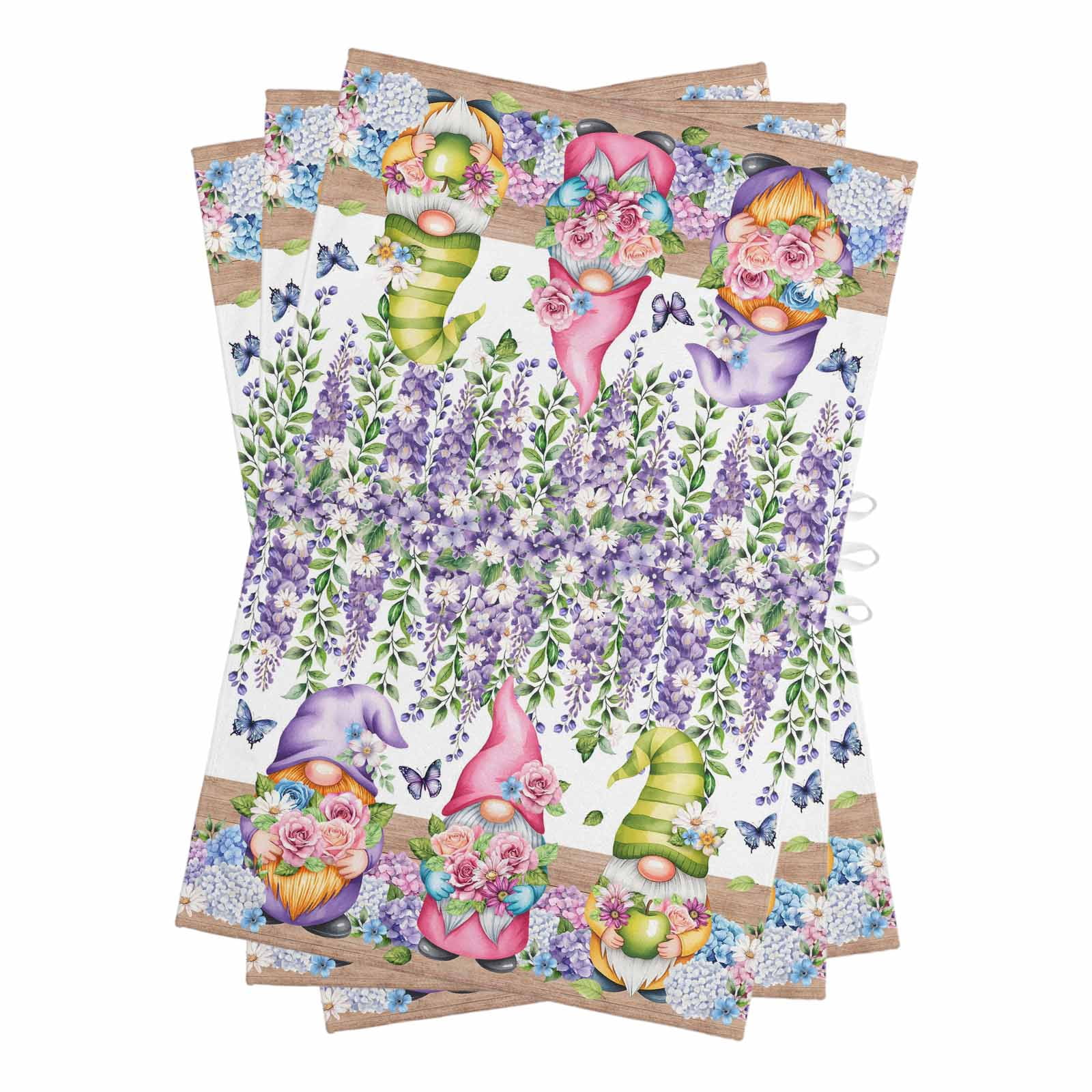 Blue Purple Gnomes Kitchen Towels Set of 3, Water Absorbent Dish Towel, Spring Country Hydrangea Flower Leaf Decorative Hand Towels - Quick Drying Cloth for Cooking Baking, 18x28 Inch