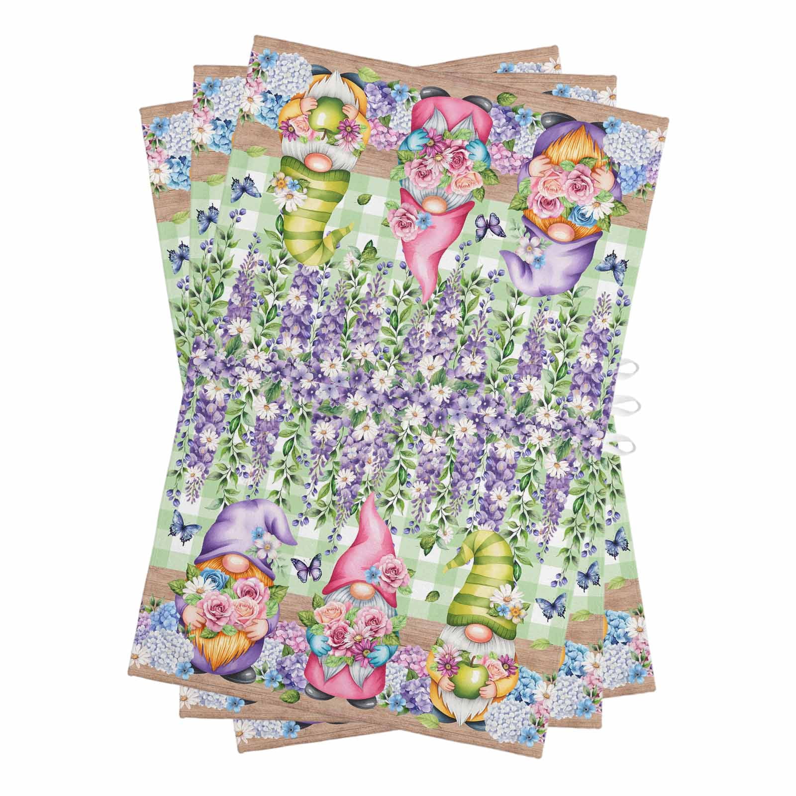 Blue Purple Gnomes Kitchen Towels Set of 3, Water Absorbent Dish Towel, Spring Hydrangea Flower Leaf Green Plaid Decorative Hand Towels - Quick Drying Cloth for Cooking Baking, 18x28 Inch