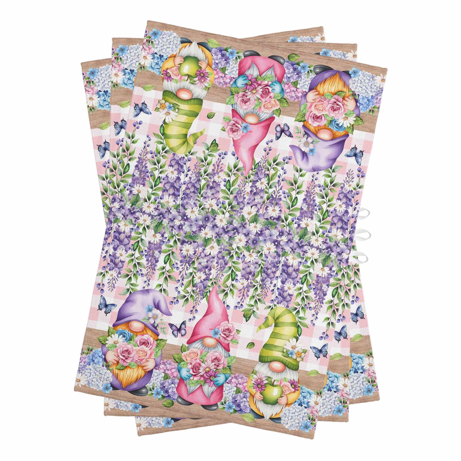 Blue Purple Gnomes Kitchen Towels Set of 3, Water Absorbent Dish Towel, Spring Hydrangea Flower Leaf Pink Plaid Decorative Hand Towels - Quick Drying Cloth for Cooking Baking, 18x28 Inch