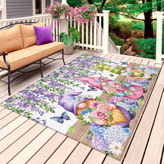 Blue Purple Gnomes Outdoor Rug 3x5 Ft, Non Slip Washable Area Rug, Spring Country Hydrangea Flower Leaf Patio Rugs Carpet Runner, Large Floor Mat for Indoor/Outdoor Deck Porch Camping
