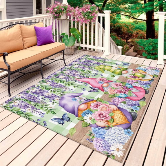 Blue Purple Gnomes Outdoor Rug 6x9 Ft, Non Slip Washable Area Rug, Spring Hydrangea Flower Leaf Green Plaid Patio Rugs Carpet Runner, Large Floor Mat for Indoor/Outdoor Deck Porch Camping