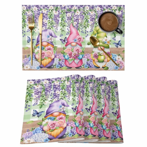 Blue Purple Gnomes Placemats Set of 4, Spring Hydrangea Flower Leaf Green Plaid Placemats for Dining Table, Place Mats for Kitchen Tabletop, Waterproof Wipeable Dining Table Mats Set