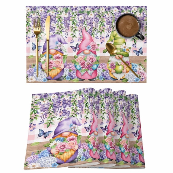 Blue Purple Gnomes Placemats Set of 4, Spring Hydrangea Flower Leaf Pink Plaid Placemats for Dining Table, Place Mats for Kitchen Tabletop, Waterproof Wipeable Dining Table Mats Set