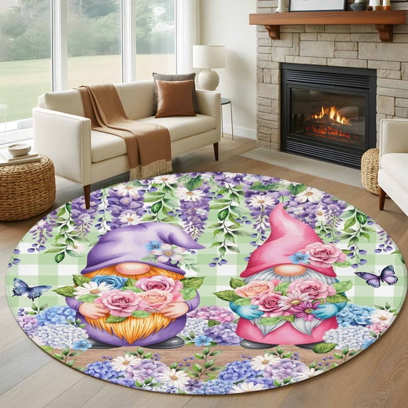 Blue Purple Gnomes Round Area Rug 8Ft Washable Large Circle Rugs for Living Room Dorm, Spring Hydrangea Flower Leaf Green Plaid Non-Slip Carpet Floor Mats Indoor Outdoor Carpet Runner Home Decor