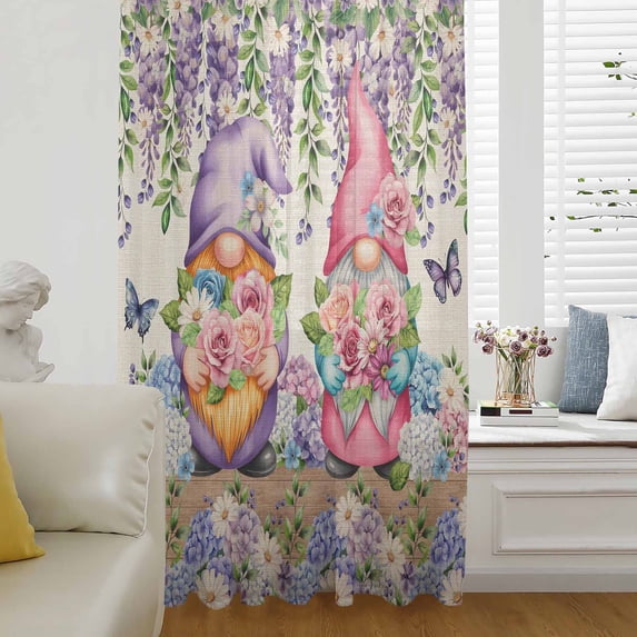 Blue Purple Gnomes Semi Sheer Curtains Drapes for Living Room,Bedroom,French Doors Window 63 Inches Long,Spring Vintage Hydrangea Flower Leaf Rod Pocket Chiffon Curtain Drapery Voile Draperies Panel