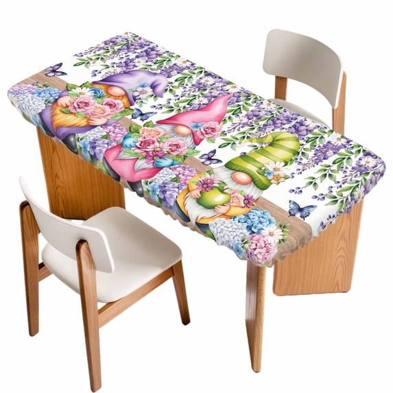 Blue Purple Gnomes Table Cloths for 3 Foot Rectangle Tables, Spring Country Hydrangea Flower Leaf Patio Waterproof Elastic Fitted Tablecloths, Washable Rectangular Table Cover for Camping