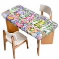 thumbnail image 1 of Blue Purple Gnomes Table Cloths for 3 Foot Rectangle Tables, Spring Hydrangea Flower Leaf Green Plaid Patio Waterproof Elastic Fitted Tablecloths, Washable Rectangular Table Cover for Camping, 1 of 8