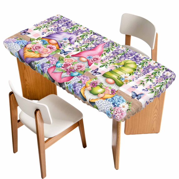 Blue Purple Gnomes Table Cloths for 4 Foot Rectangle Tables, Spring Hydrangea Flower Leaf Pink Plaid Patio Waterproof Elastic Fitted Tablecloths, Washable Rectangular Table Cover for Camping