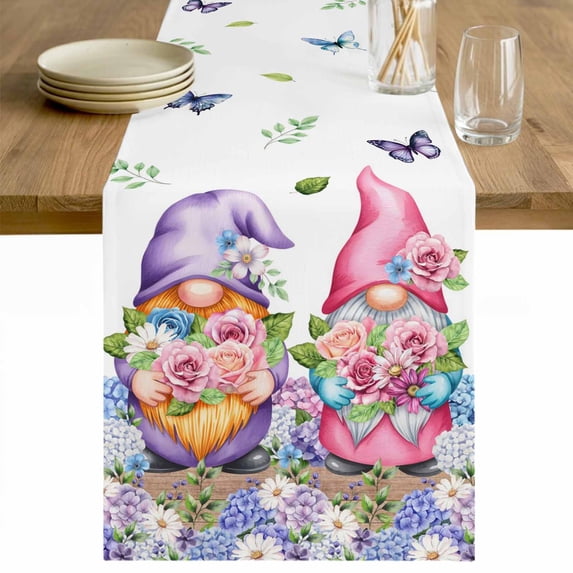 Blue Purple Gnomes Table Runner - 108 Inch Long Spring Country Hydrangea Flower Leaf Cotton and Linen Blended Dress Scarves Farmhouse Table Runner for Kitchen Dining, Coffee Table, 13" x 108"