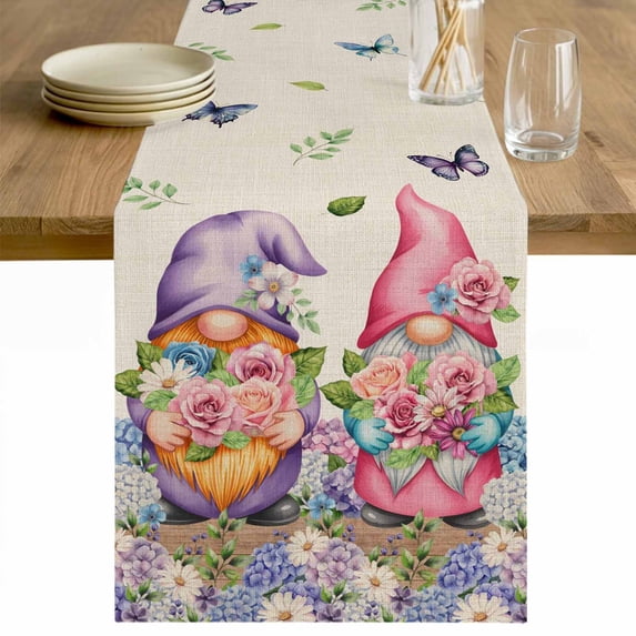 Blue Purple Gnomes Table Runner - 48 Inch Long Spring Vintage Hydrangea Flower Leaf Cotton and Linen Blended Dress Scarves Farmhouse Table Runner for Kitchen Dining, Coffee Table, 13" x 48"
