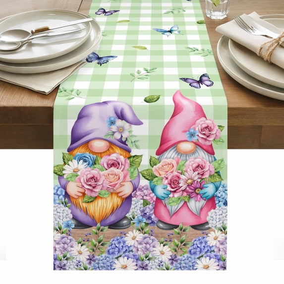 Blue Purple Gnomes Table Runner - 60 Inch Long, Kitchen Dining Table Runner Dresser Scarves, Spring Hydrangea Flower Leaf Green Plaid Farmhouse Decor for Coffee Tables Wedding Party Banquet
