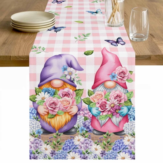 Blue Purple Gnomes Table Runner - 70 Inch Long Spring Hydrangea Flower Leaf Pink Plaid Cotton and Linen Blended Dress Scarves Farmhouse Table Runner for Kitchen Dining, Coffee Table, 13" x 70"