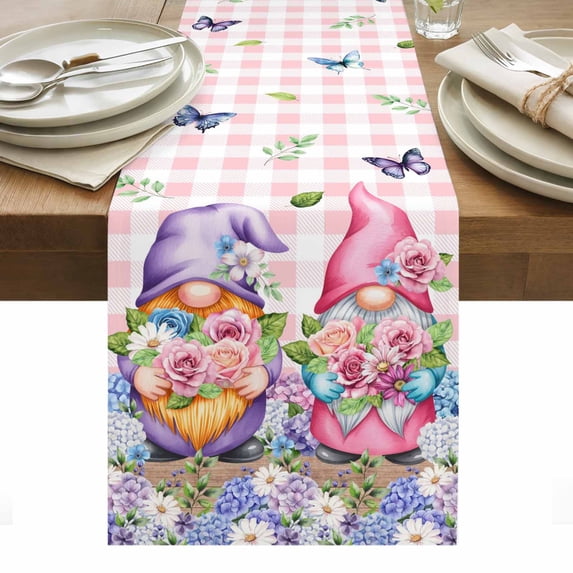 Blue Purple Gnomes Table Runner - 72 Inch Long, Kitchen Dining Table Runner Dresser Scarves, Spring Hydrangea Flower Leaf Pink Plaid Farmhouse Decor for Coffee Tables Wedding Party Banquet