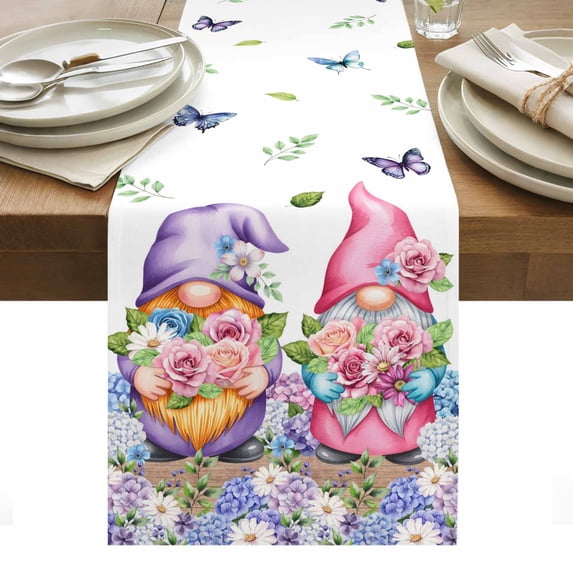 Blue Purple Gnomes Table Runner - 90 Inch Long, Kitchen Dining Table Runner Dresser Scarves, Spring Country Hydrangea Flower Leaf Farmhouse Decor for Coffee Tables Wedding Party Banquet