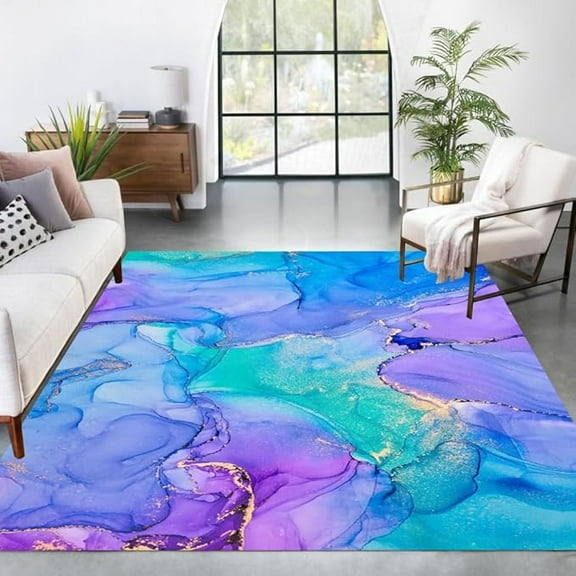 Blue Purple Gold Liquid Swirl Texture Modern Abstract Marble Area Rug Vibrant Colorful Soft Wool Large Rug For Living Room Bedroom Dining Room Art Deco Office Kitchen Indoor Rug 3 x 4ft