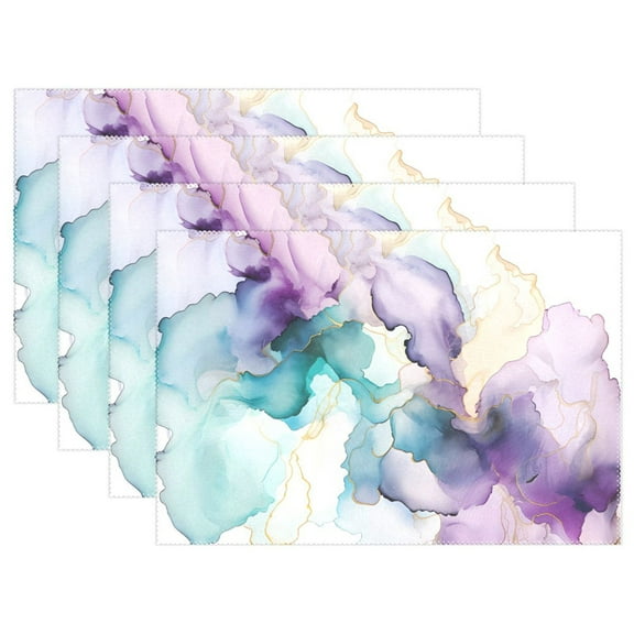 Blue Purple Golden Marble 4 PCs Placemats Set Linen Non-Slip Table Mat Rectangular Washable for Dining Kitchen Party 12"x18"