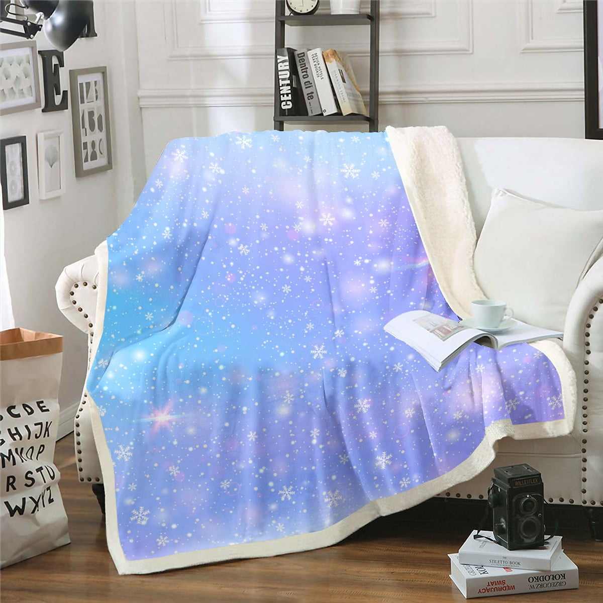 Blue Purple Gradient Blanket White Snowflake Throw Blanket for Boys