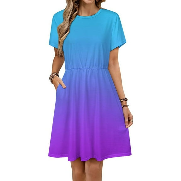 Blue Purple Gradient Dress Summer Street Style Dresses Female Short Sleeve Printed Sundress