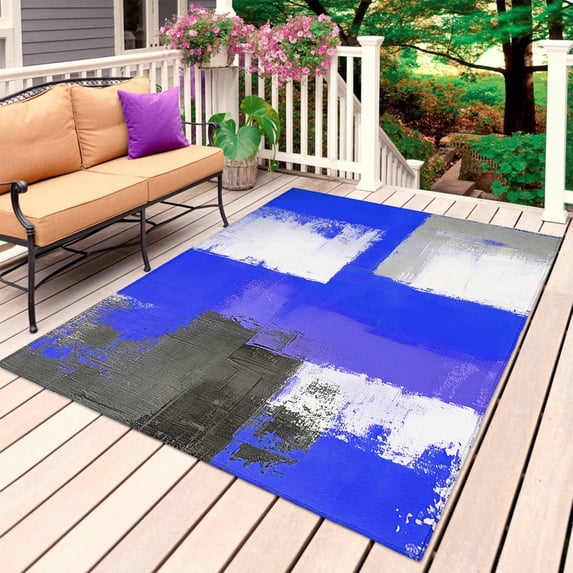 Blue Purple Gray Outdoor Rug for Patio/Deck/Porch, Non-Slip Large Area Rug 3 x 5 Ft, Modern Geometric Abstract Oil Painted Indoor Outdoor Rugs Washable Area Rugs, Reversible Camping Rug Carpet Runner