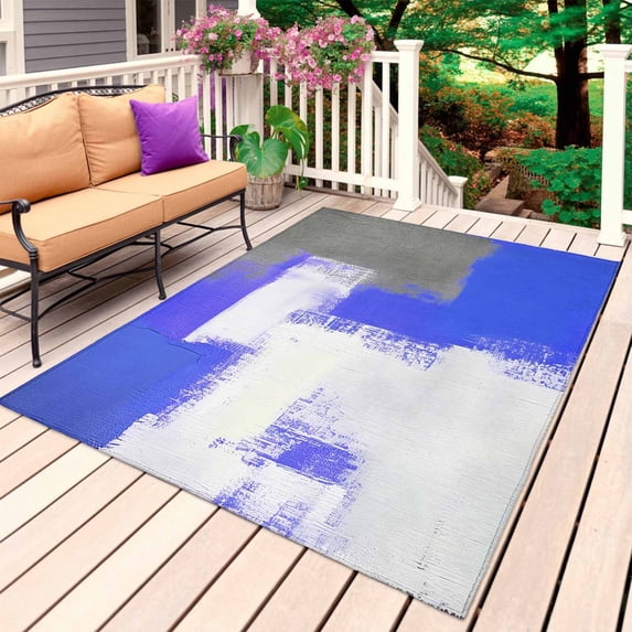 Blue Purple Gray Outdoor Rug for Patio/Deck/Porch, Non-Slip Large Area Rug 5 x 7 Ft, Abstract Geometric Oil Painted Contemporary Indoor Outdoor Rugs Washable Area Rugs, Camping Rug Carpet Runner