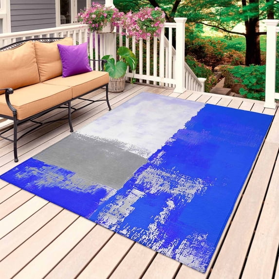 Blue Purple Grey Outdoor Rug for Patio/Deck/Porch, Non-Slip Large Area Rug 4 x 6 Ft, Modern Geometric Oil Painting Abstract Indoor Outdoor Rugs Washable Area Rugs, Camping Rug Carpet Runner