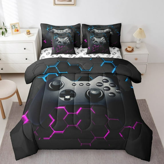 Blue Purple Honeycomb 7 Piece Comforter Set Full Bed in a Bag,Gaming Bedding Sets Gamer Room Decor Sheet Set with Comforter