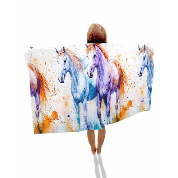 Blue Purple Horse Print Beach Towels Oversized Super Absorbent, Abstract Watercolor Animals Lightweight Bath Towel Quick Dry Sets For Bathroom/Pool/Rv Camping/Beach Play/Gym Room/Picnic 30"x60"