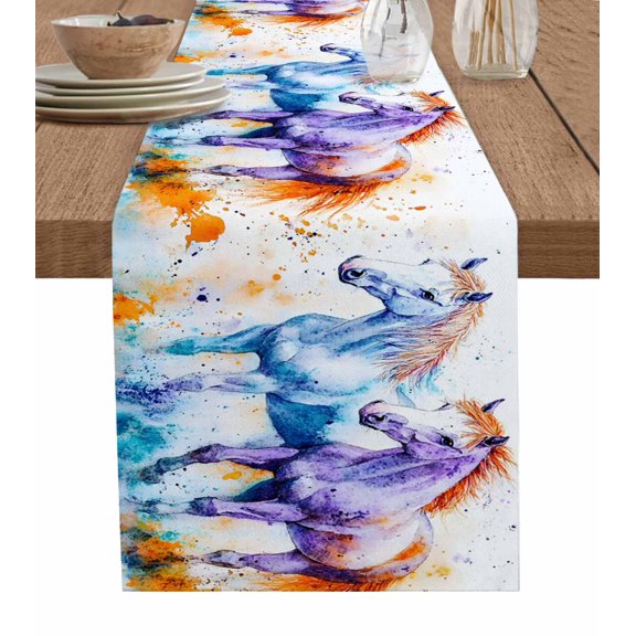 Blue Purple Horse Print Table Runner 48 Inches, Abstract Watercolor Animals Bed Runner Dresser Scarves Tabletop for Indoor Outdoor Parties/Ceremony/Banquet, 13" x 48"