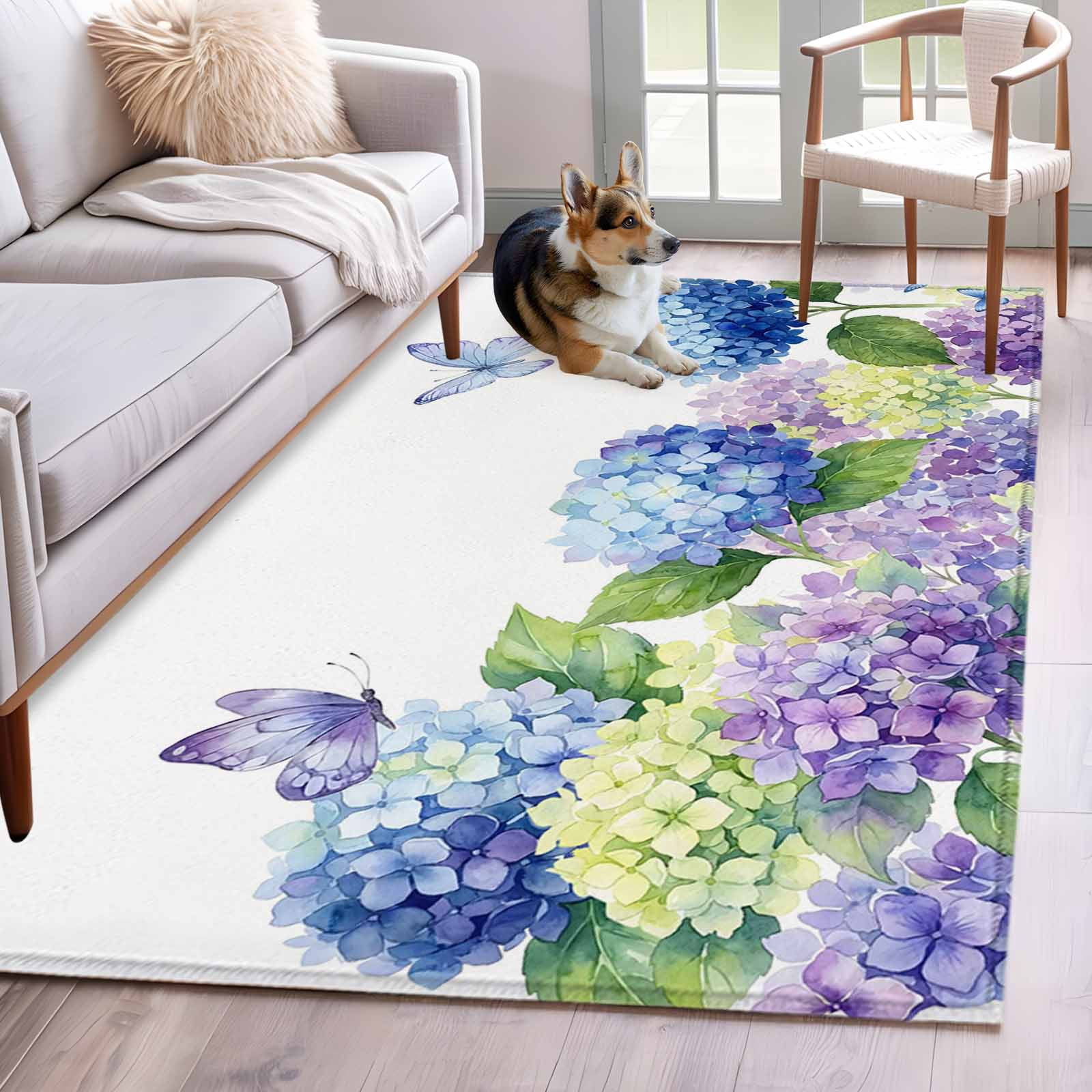 Blue Purple Hydrangea Area Rugs 2.7'x5' Summer Watercolor Floral ...