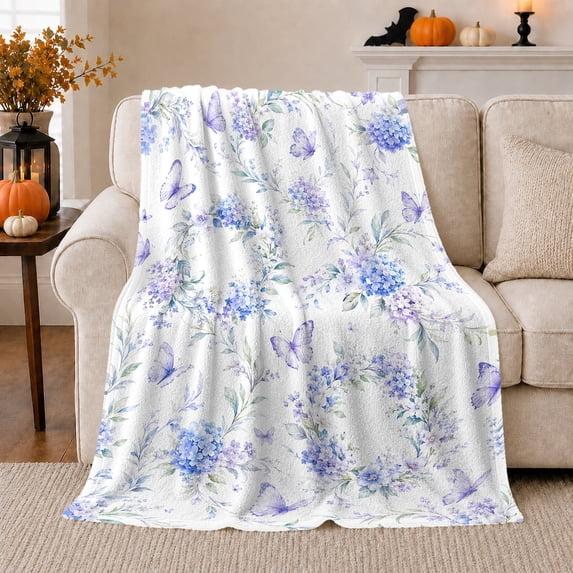 Blue Purple Hydrangea Butterflies White, Cozy Friendship Quote Scene, Warm Flannel Blanket for Living Room and Reading Nook, Art Lovers Thanksgiving Gift, Artistic Home Decor