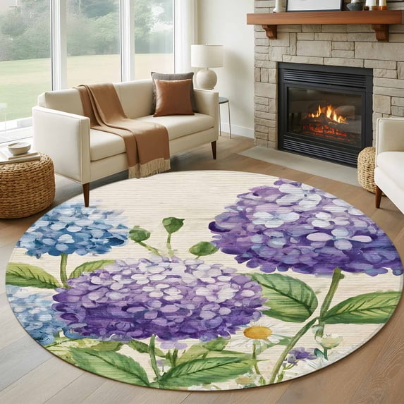 Blue Purple Hydrangea Flower Round Rug 8ft Washable Circle Rugs Non ...