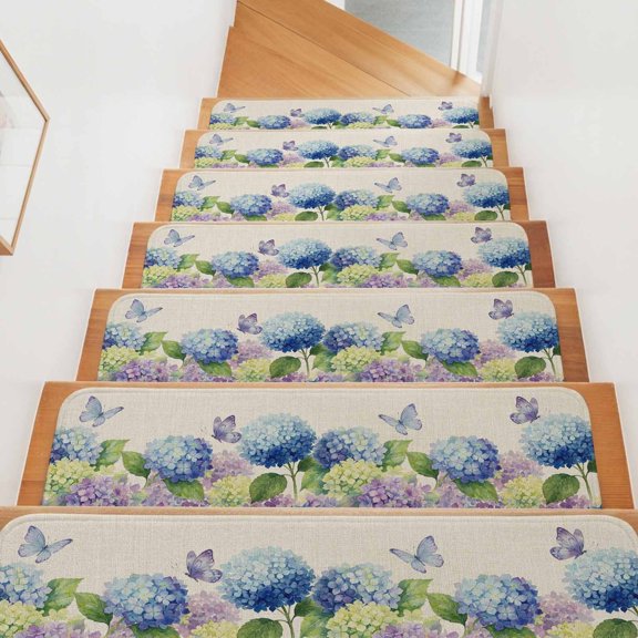 Blue Purple Hydrangea Stair Treads Non Slip for Steps Summer Floral Butterfly Linen Texture 10 Pcs Reusable Adhesive Stair Runner Mats for Dogs Elders Carpet Treads Rugs for Staircase 8x30 In