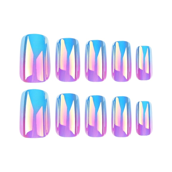 Blue Purple Iridescent Ombre Press on Nails, Medium Length Squoval Glossy Iridescent Finish False Nails, 24 Count