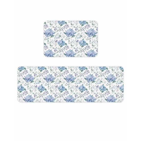 Blue Purple Kitchen Mats for Floor 2 Piece, Hydrangea Floral Fruit Eucalyptus Leaves Farm Absorbent Non-Slip Kitchen Rugs Comfort Standing Mat for Laundry, Hallways 20"x24"+20"x48"