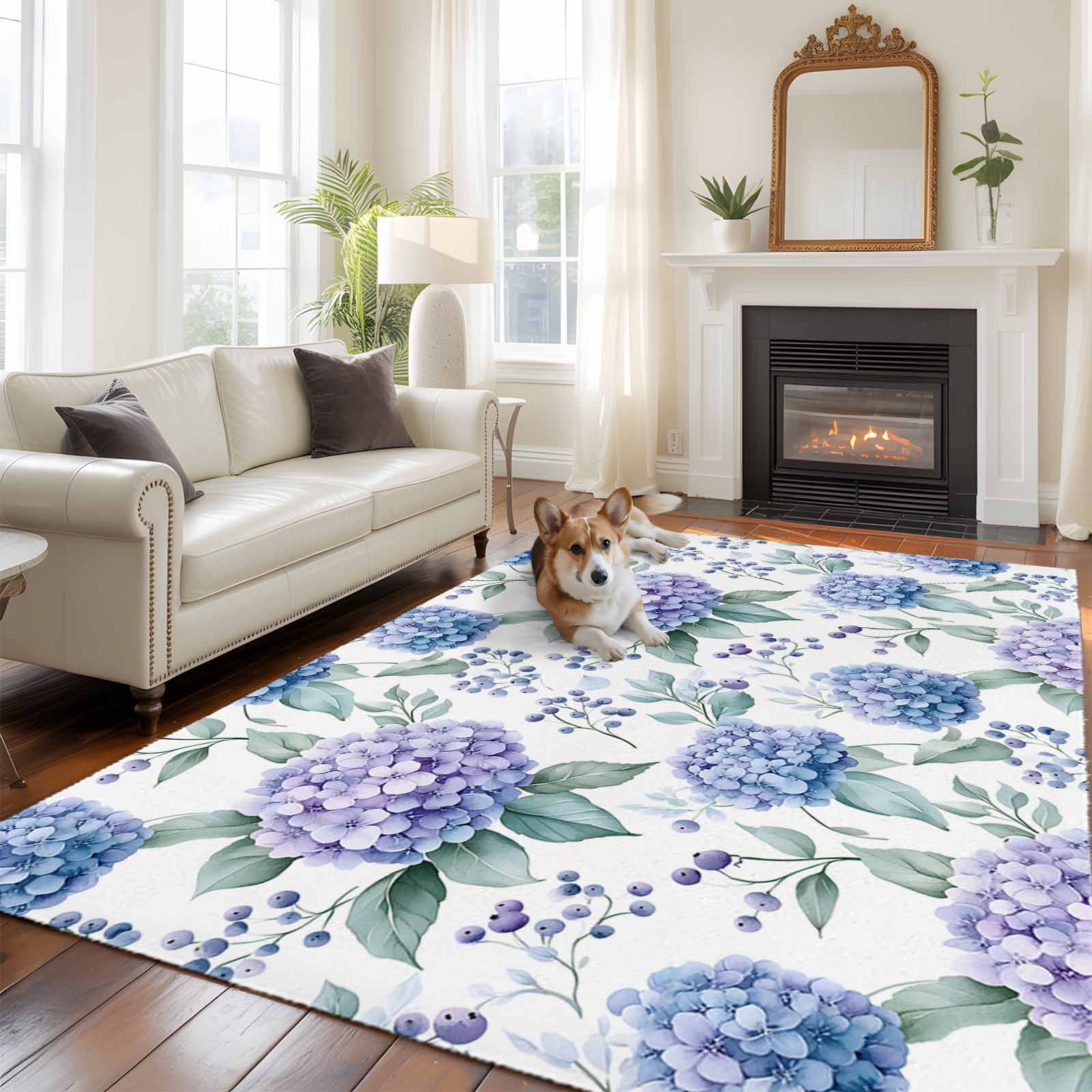 Blue Purple Large Area Rugs 5x8 ft Hydrangea Floral Blueberry Bouquet ...