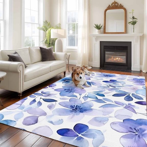 Blue Purple Large Area Rugs 6x9 ft Pansy Flowers Abstract Watercolor Ombre Petals Washable Rug Non Slip Indoor Carpet Absorbent Floor Mat for Living Room Bedroom Dining Room
