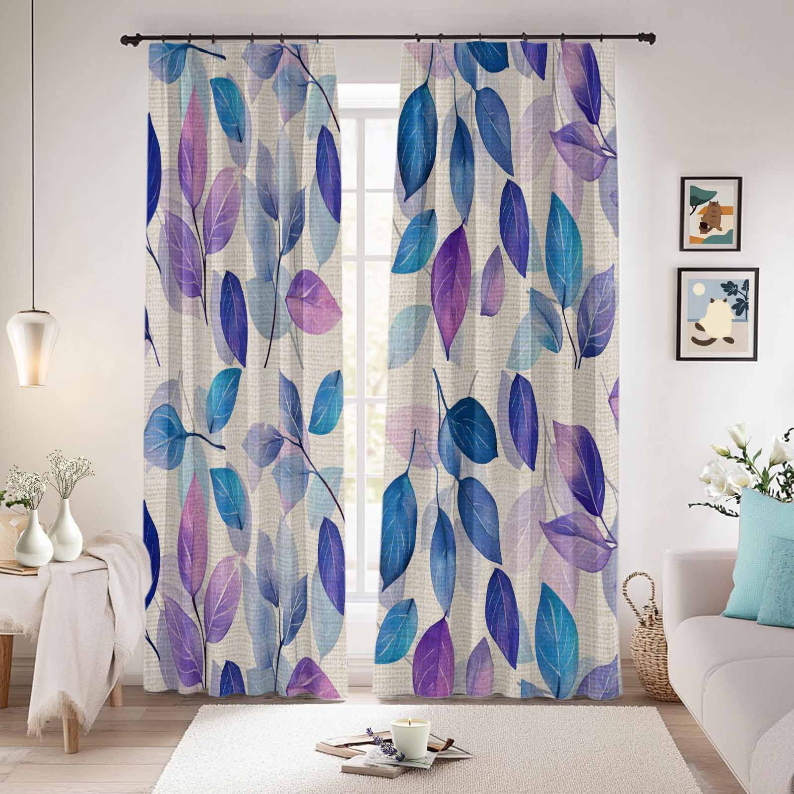 Blue Purple Leaves Blackout Curtains for Bedroom/Living Room, Pinch ...
