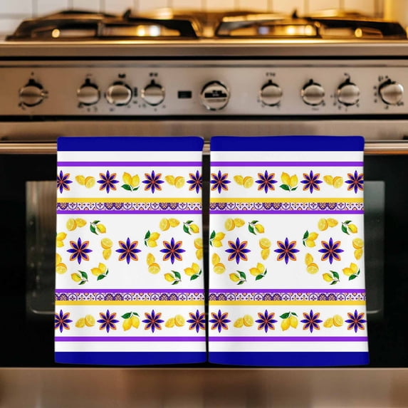 Blue Purple Lemons Kitchen Towels Set of 1, Summer Watercolor Italian Style Flower Absorbent Dish Towels for Kitchen, Microfiber Hand Towel, Quick Drying Tea Towel for Cleaning Decorative Dishcloths