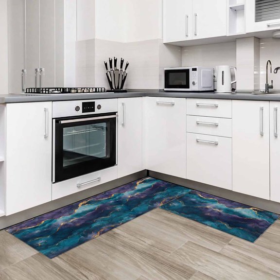 Blue Purple Marble 2 Pieces Non-Slip Kitchen Mat Set Modern Abstract Gradient Texture Soft Door Mat with Rubber Backing,Dirtproof Rugs for Entrance Doorway 15.7x23.6in+15.7x47.2in