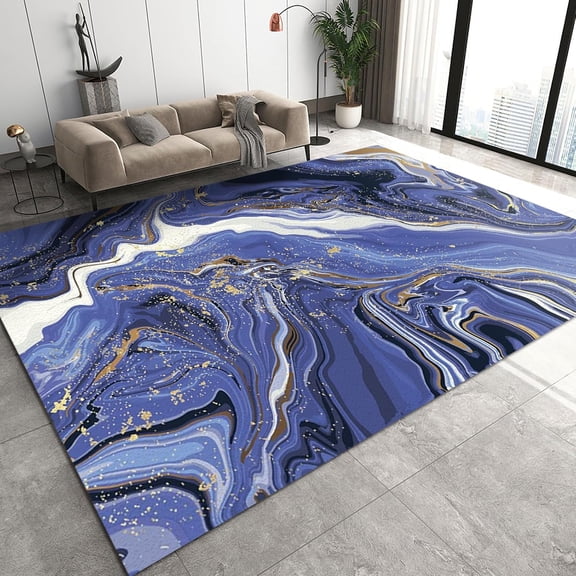 Blue Purple Marble Area Rugs, Gilded Spotted Curved Fluid Art Doodle Living Room Rugs, Non-Slip Mat Soft Feel Easy to Clean Fine Fluff Apply to Living Room Playroom Cafe Office 2x3ft